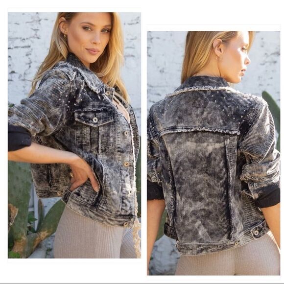 CORDUROY Relaxed Fit Studded Jacket in Stone Black - Picture 2 of 16